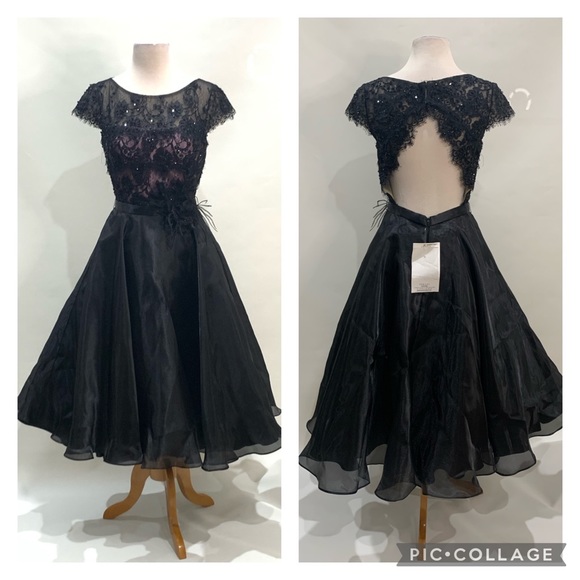 Mon Cheri fit flare midi cap sleeves pink black lace dress - Picture 2 of 9